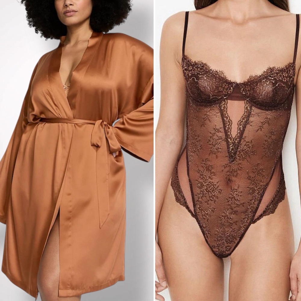 Victoria’s Secret Unlined Lace Balcones Teddy Bodysuit & Satin Midi Robe Brown M